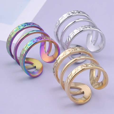 Minimalist Stainless Steel Triple Layer Hollow Out Hammered Texture Adjustable Open Ring For Women Men Cool Finger Ring Jewelry