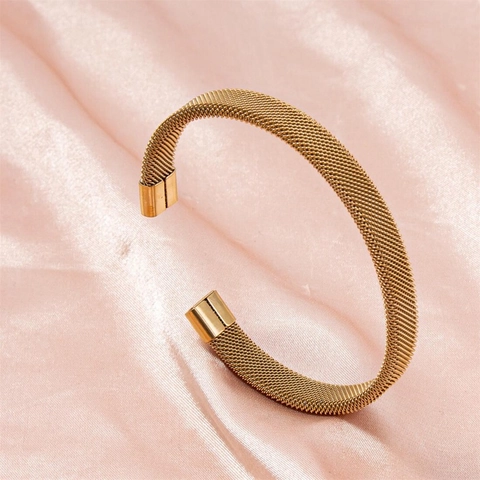 Pulsera de Puño Ajustable de Acero Inoxidable Con Tejido de Malla para Mujer Galvanizado Abierto Textura Metálica Regalo de Joyería