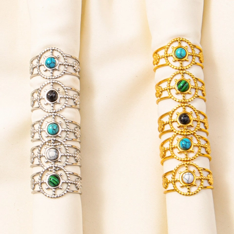 Vintage Stainless Steel Open Adjustable Ring For Women Men Bohemian Rudder Geometric Inlaid Artificial Stone Gold Silver Plated Ring