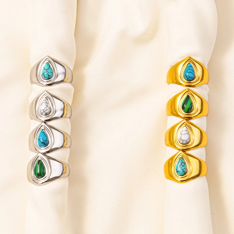 Stainless Steel Teardrop Stone Inlay Adjustable Open Ring For Men Women Minimalist Bohemian Style Retro Ethnic Fashion Jewelry