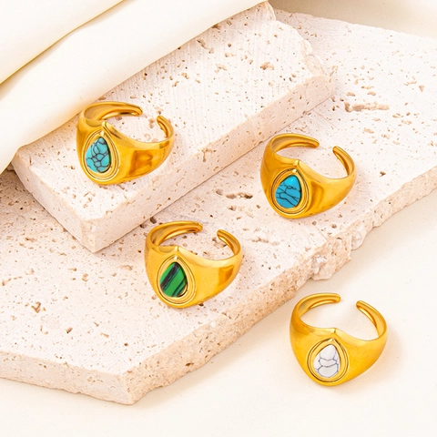 Stainless Steel Teardrop Stone Inlay Adjustable Open Ring For Men Women Minimalist Bohemian Style Retro Ethnic Fashion Jewelry