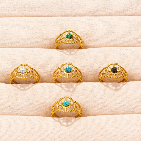 Vintage Stainless Steel Open Adjustable Ring For Women Men Bohemian Rudder Geometric Inlaid Artificial Stone Gold Silver Plated Ring