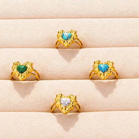 Anillo de Corazón de Acero Inoxidable y Piedra Sintética Vintage para Mujer Ajustable Abierto Textura de Lava Joyería