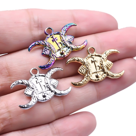 304 Edelstahl Dreifache Mondgöttin Anhänger Halskette Gothik Saturn Symbol Kreuz Punk Okkultismus Schmuck Für Damen Herren