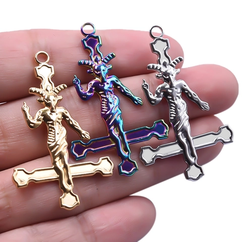 Gothic Stainless Steel Baphomet Goat Head Inverted Cross Pendant For Women Punk Occult Religious Fashion Jewelry Accessory