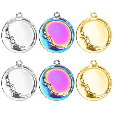 Stainless Steel Moon Face Relief Circular Pendant DIY Jewelry Making Retro Minimalist Charm For Necklace Bracelet Gold Silver Rainbow