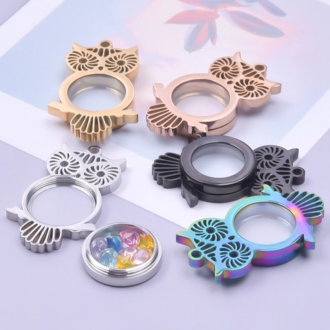 Stainless Steel Glass Owl Shape Locket Pendant For Photo Cinnabar Storage Hollow Memorial Necklace Jewelry For Women Men Polished Owl Pendant