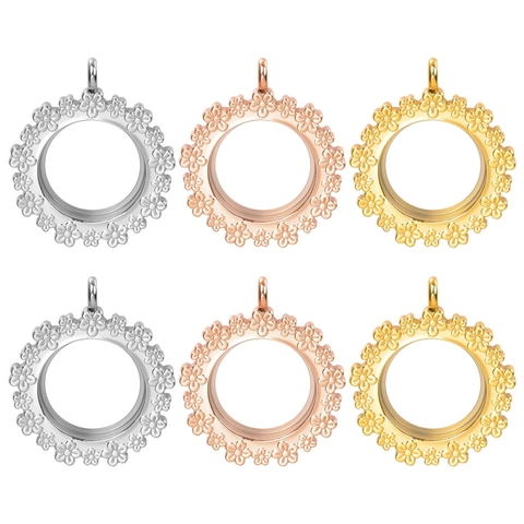 Stainless Steel Glass Locket Pendant Round Daisy Embossed Memorial Gau Box For DIY Photo Keepsake Necklace Jewelry