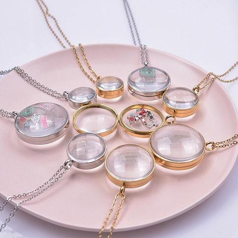 Colgante Relicario Flotante Redondo de Acero Inoxidable con Vidrio Collar de Memoria con Rosca Llavero Joyería DIY Mujer Oro Plata