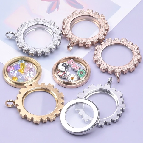 Stainless Steel Glass Locket Pendant Round Daisy Embossed Memorial Gau Box For DIY Photo Keepsake Necklace Jewelry
