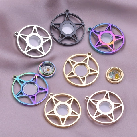 304 Stainless Steel Star Floating Charm Glass Locket Pendant For Photo Memory Round Geometric Locket Jewelry Making Accessories