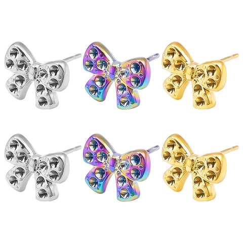 Vintage 304 Stainless Steel Bowknot Stud Earrings For Women Rhinestone Electroplated Titanium Steel Post Bow Earrings Fashion Jewelry