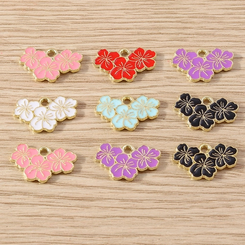 Alloy Enamel Triple Cherry Blossom Flower Charms For DIY Jewelry Making Colorful Sakura Pendants For Necklace Bracelet Supplies