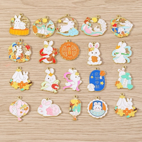 Chinese Style Alloy Enamel Rabbit Lantern Mooncake Charms For DIY Jewelry Making Traditional Festive Pendants Accessories