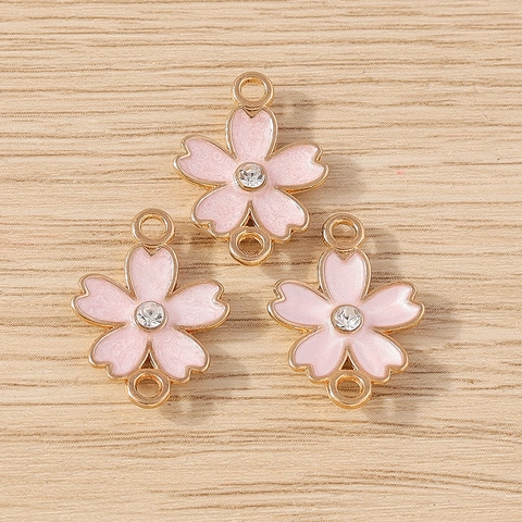 Sakura Flower Alloy Enamel Jewelry Connector Charms Rhinestone Double Loop DIY Necklace Bracelet Jewelry Making Pendants