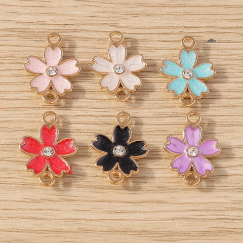 Sakura Flower Alloy Enamel Jewelry Connector Charms Rhinestone Double Loop DIY Necklace Bracelet Jewelry Making Pendants
