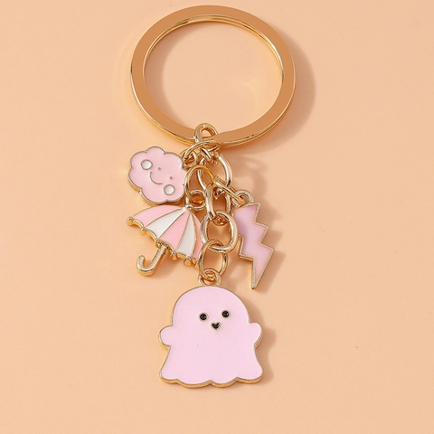 Pink Enamel Cartoon Ghost Umbrella Cloud Lightning Zinc Alloy Gold Plated Keychain Cute Bag Pendant For Women Girls Gift