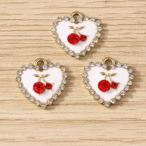 Colgantes de Forma de Corazón Cereza Aleación Diamantes Imitación Esmalte Para DIY Creación Joyas Collares Pulseras Accesorios