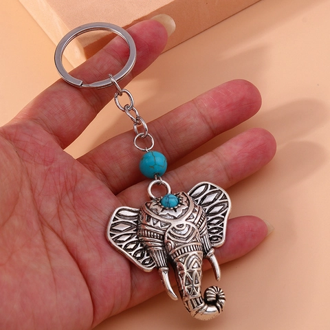 Vintage Bohemian Elephant Keychain With Turquoise Beads Zinc Alloy Ethnic Style Animal Bag Pendant Accessory Gift