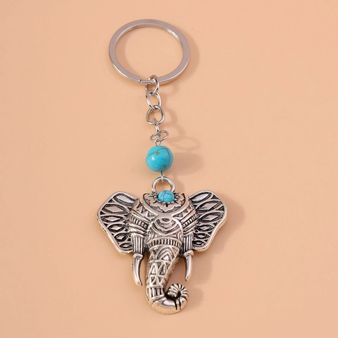 Vintage Bohemian Elephant Keychain With Turquoise Beads Zinc Alloy Ethnic Style Animal Bag Pendant Accessory Gift