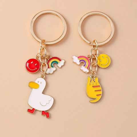 Llavero Dibujos Animados Arcoíris Cara Sonriente Gato Pato Metal Aleación Esmalte Animal Llavero Mochila Bolso Colgante