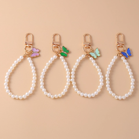 Llavero de Perlas Artificiales de Mariposa de Moda Colgante de Animal de Resina Llavero de Aleación con Diamantes de Imitación