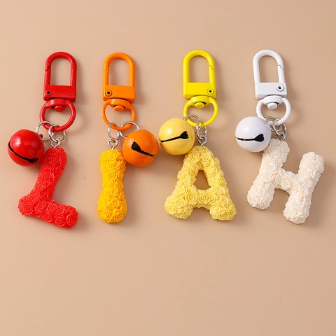 Creative Resin Rose Flower Letter Keychain With Small Bell Metal Clasp Fashion Backpack Pendant Daily Bag Accessory Gift