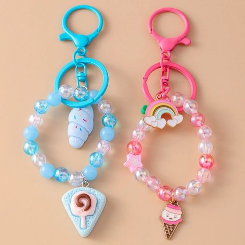 Cartoon Simulated Food Dessert Keychain Handmade Beaded Sweet Rainbow Ice Cream Cake Bag Pendant Zinc Alloy Resin Jewelry