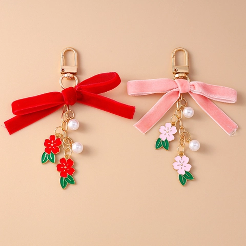 Portachiavi con Fiocco di Velluto Ciondolo Fiore di Ciliegio con Perla Artificiale Lega Ciondolo Borsa Accessorio Donna Gioielli