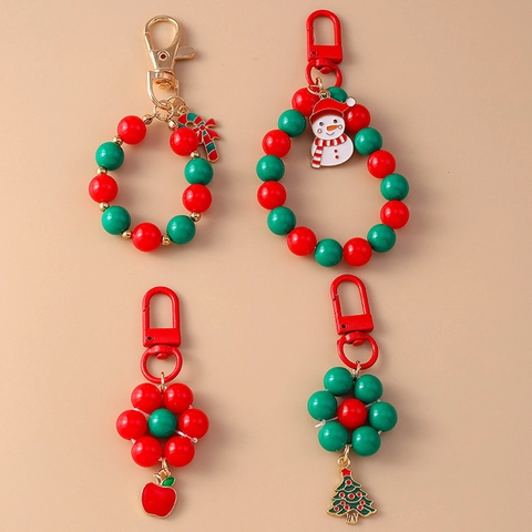 Porte-Clés de Noël Perlé à la Main Alliage de Zinc Bonhomme de Neige Sapin de Noël Pomme Sucre d'Orge Accessoire de Sac Femme