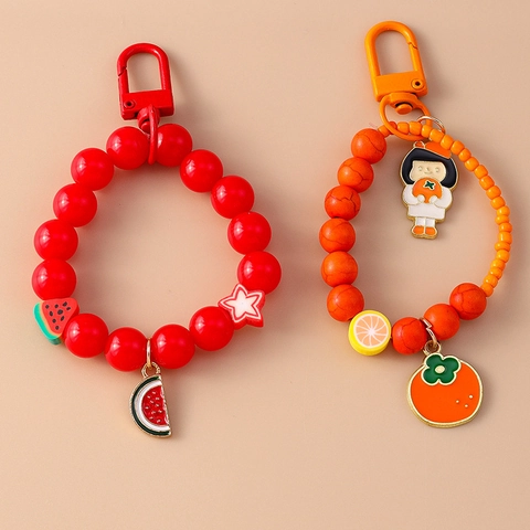 Porte-clés Perlé Fruits Dessin Animé Perles en Résine Alliage de Zinc Pastèque Orange Fille Pendentif Sac pour Femmes Décoration