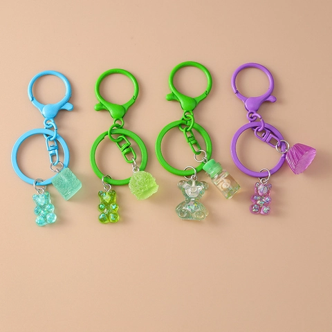 Porte-clés Ours en Résine Dessin Animé Avec Pendentif Cube Transparent à Paillettes Charme de Sac à Dos Animal à la Mode Cadeau