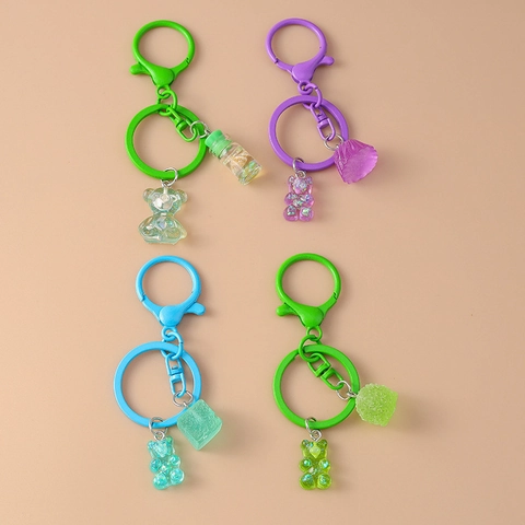 Porte-clés Ours en Résine Dessin Animé Avec Pendentif Cube Transparent à Paillettes Charme de Sac à Dos Animal à la Mode Cadeau