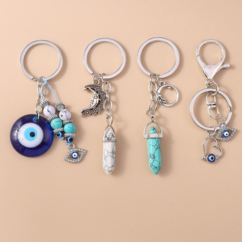 Portachiavi Vintage Malocchio Luna Cuore Colonna Esagonale Lega di Zinco Strass Pietra Sintetica Turchese Perline Bianche Pendente Gioielli Accessorio