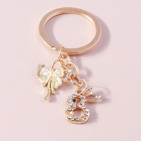 Fashion Gold Plated Metal Keychain With Rhinestone Bunny Rabbit And Butterfly Bowknot Pendants Cute Animal Keyring For Bag