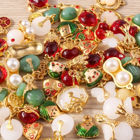 Amuletos de Joyería de Aleación con Goteo de Aceite de Estilo Chino Tradicional Esmalte Zongzi Bolsa de la Suerte Cacahuete Perla Artificial Para DIY