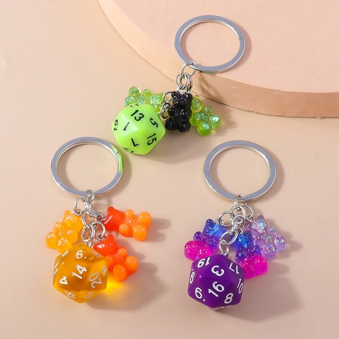 Simpatico Portachiavi con Orsetto Gommoso e Dado D20 per Donna Ragazze Creativo Pendente in Resina Anello in Metallo Borsa
