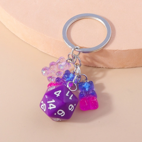 Simpatico Portachiavi con Orsetto Gommoso e Dado D20 per Donna Ragazze Creativo Pendente in Resina Anello in Metallo Borsa
