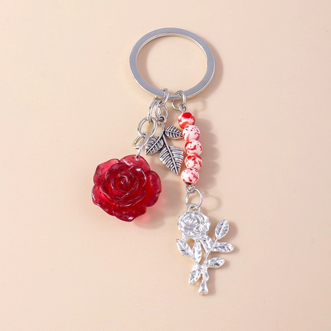 Portachiavi Romantico Rosa Rossa Con Foglie in Metallo Argento Pendente Floreale in Resina Accessorio Borsa Donna Gioielli Lusso Estetico Regalo