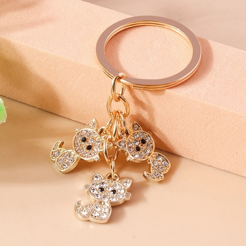 Alloy Rhinestone Cat Keychain Sparkling Three Cat Charms Pendant Bag Accessory Fashion Key Ring For Women Bag Decoration