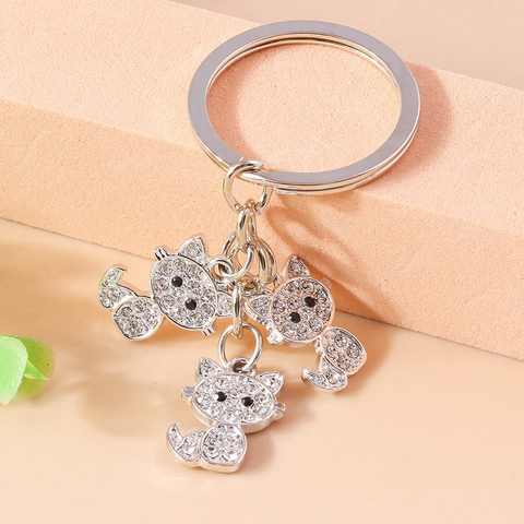 Alloy Rhinestone Cat Keychain Sparkling Three Cat Charms Pendant Bag Accessory Fashion Key Ring For Women Bag Decoration