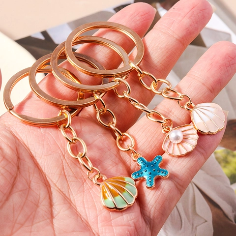 Llavero de Metal de Estrella de Mar y Concha de Océano Aleación de Oro Esmalte Colgante de Bolso para Mujeres Niñas