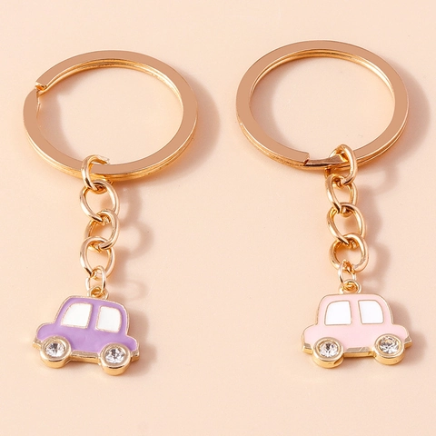 Cartoon Car Model Keychain Alloy Enamel Pendant With Rhinestone Wheels Gold Tone Keyring For Women Bag Hanging Ornament