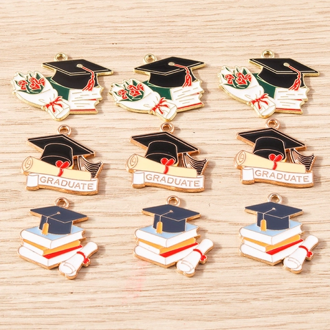 Alloy Graduation Season Charm Enamel Doctoral Cap Diploma Book Rose DIY Jewelry Accessories For Student Graduation Gift