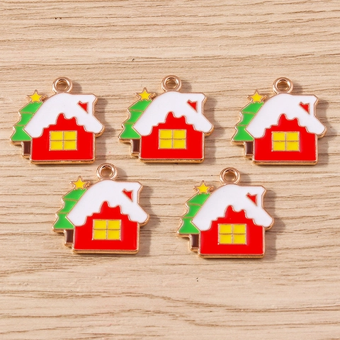 Alloy Drip Oil Christmas House Pendants Snow Roof With Christmas Tree DIY Jewelry Accessories For Christmas Decor Crafters