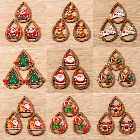 Christmas Wooden Teardrop Pendants Santa Claus Elk Snowman Printed Wood Charms For DIY Earring Jewelry Making Accessories