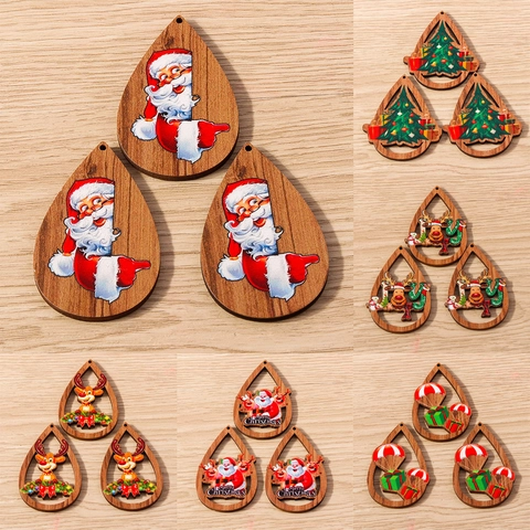 Christmas Wooden Teardrop Pendants Santa Claus Elk Snowman Printed Wood Charms For DIY Earring Jewelry Making Accessories