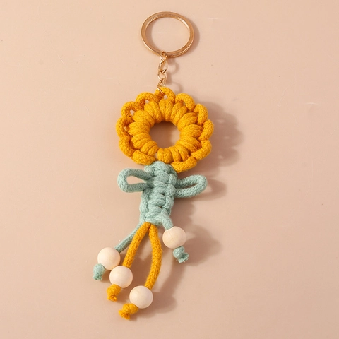 Portachiavi a Forma di Girasole Intrecciato a Mano per Donna Ciondolo per Borsa con Perle di Legno in Lega Stile Boho