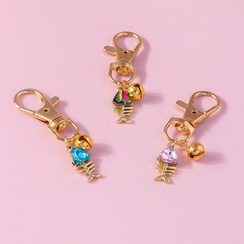 Cartoon Fishbone Bell Pet Pendant Keychain Alloy Rhinestone Crystal Cat Dog Collar Hanging Accessory Decoration Gift