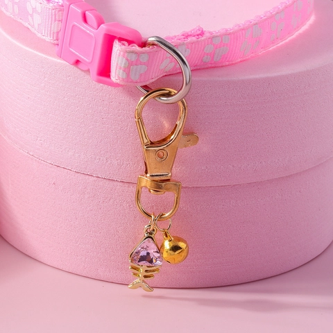 Cartoon Fishbone Bell Pet Pendant Keychain Alloy Rhinestone Crystal Cat Dog Collar Hanging Accessory Decoration Gift